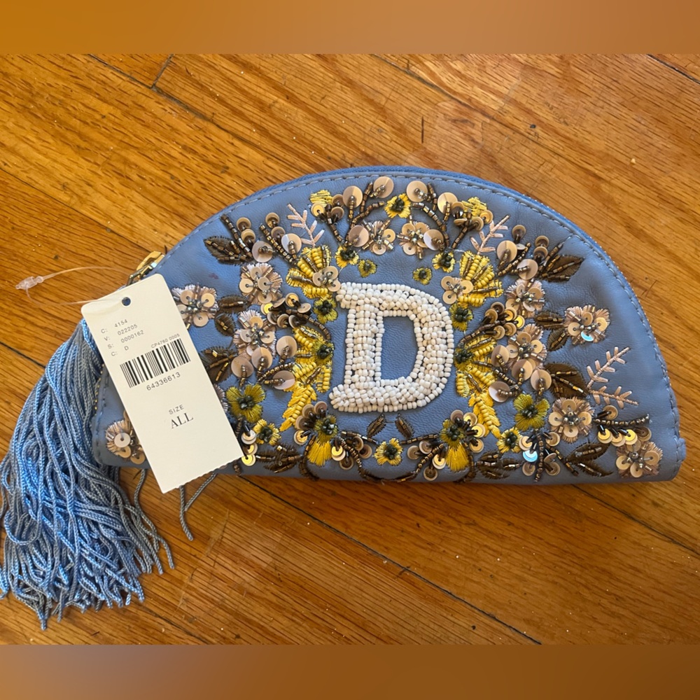 NWT Anthropologie Anna Harlow Russo Blue Floral Sequin Letter D Wallet Pouch